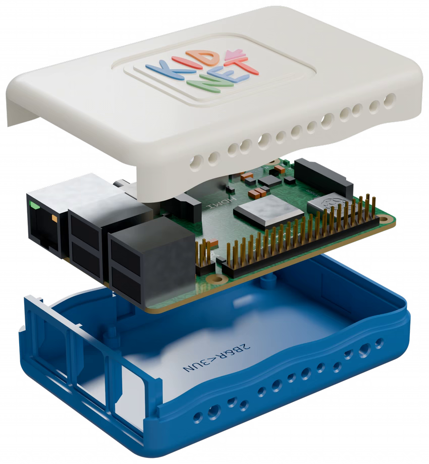 Exploded view of the KidNet box: printed lid, the small computer inside, and the teal base
