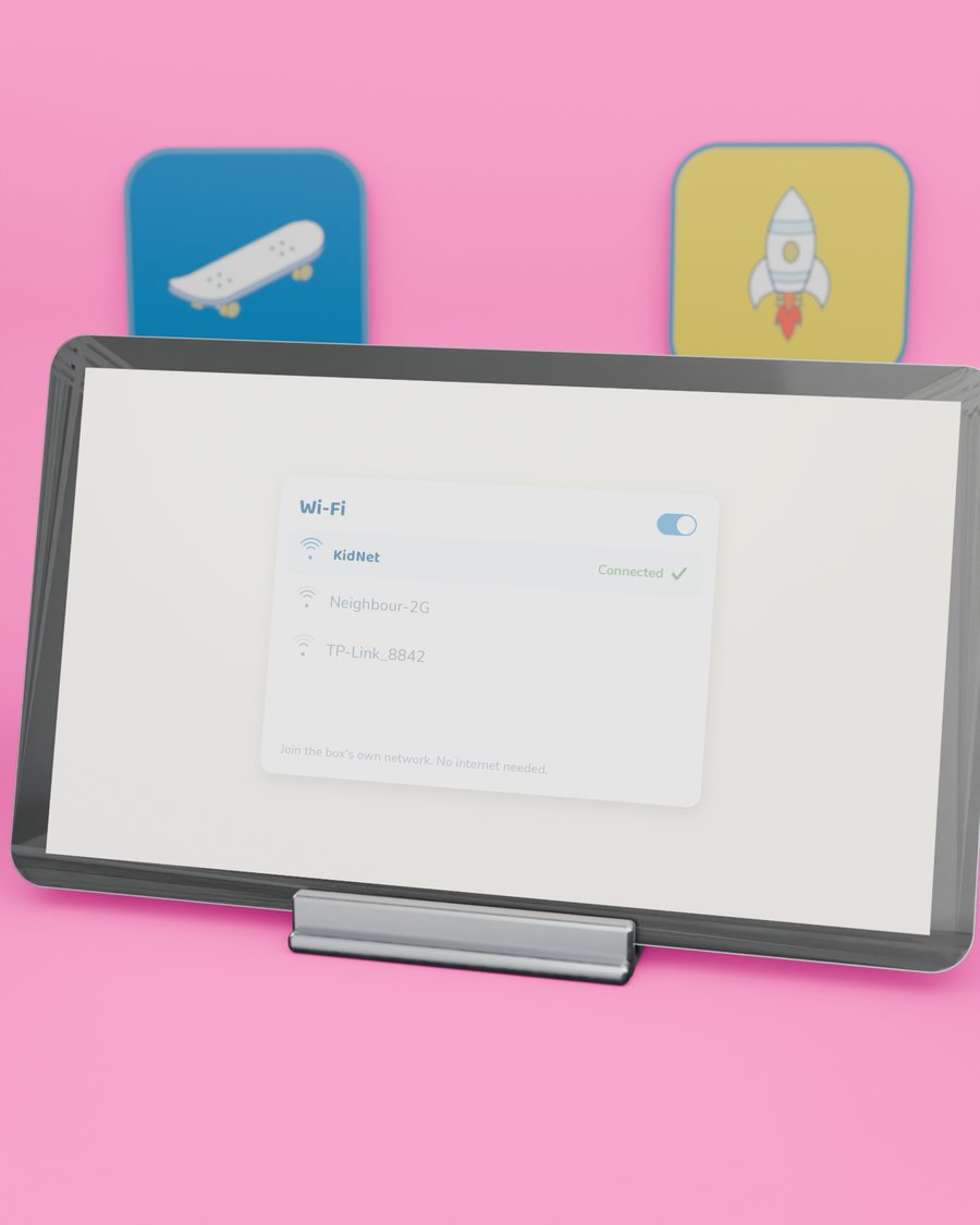 A tablet showing its Wi-Fi list with KidNet picked and connected.