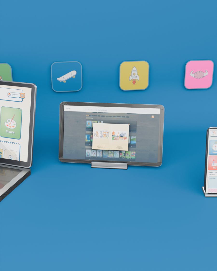 A picture book open on the tablet screen, with more of the library behind it.