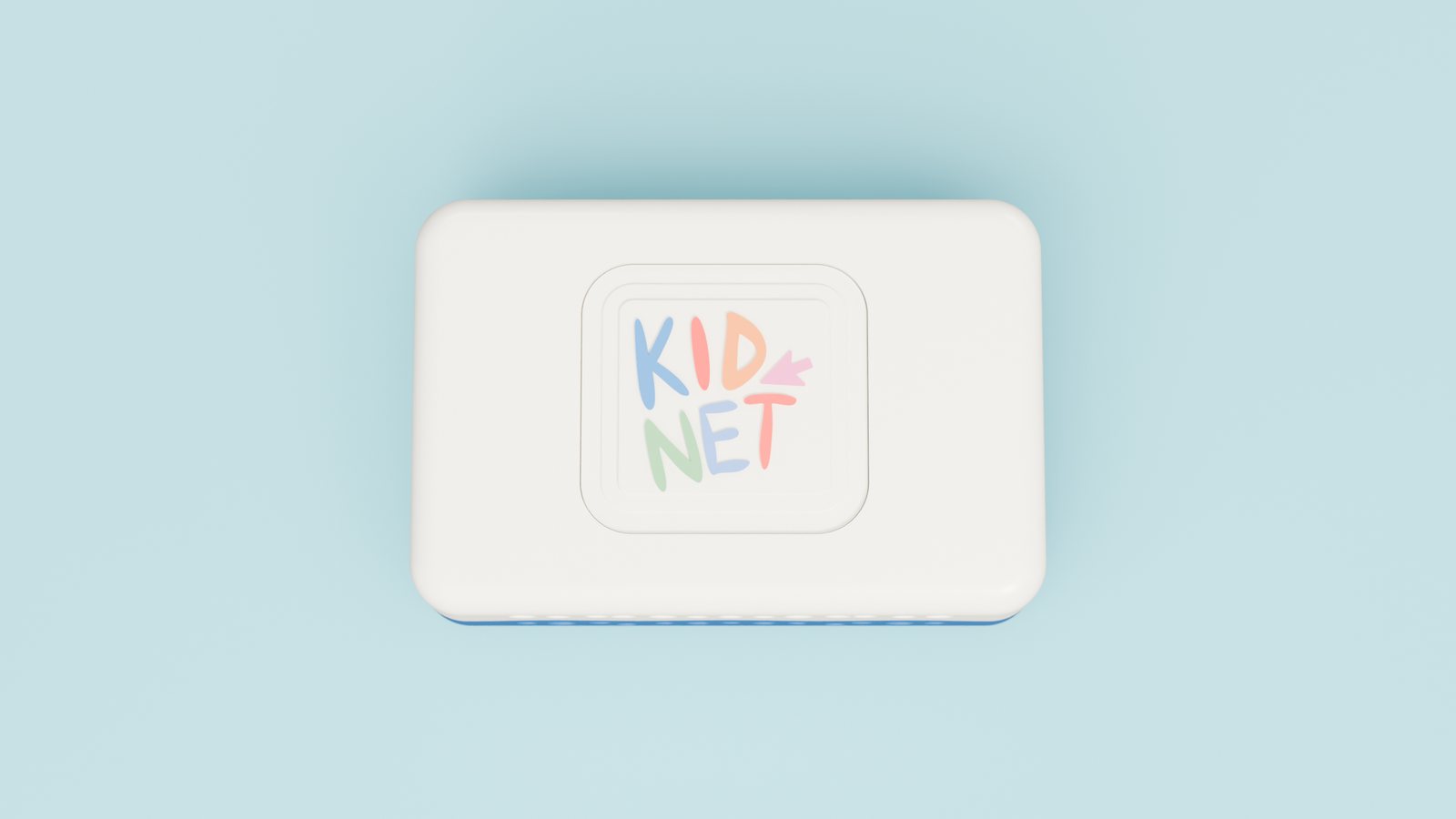 The KidNet box, a small white and blue case, sitting on a pale blue table.