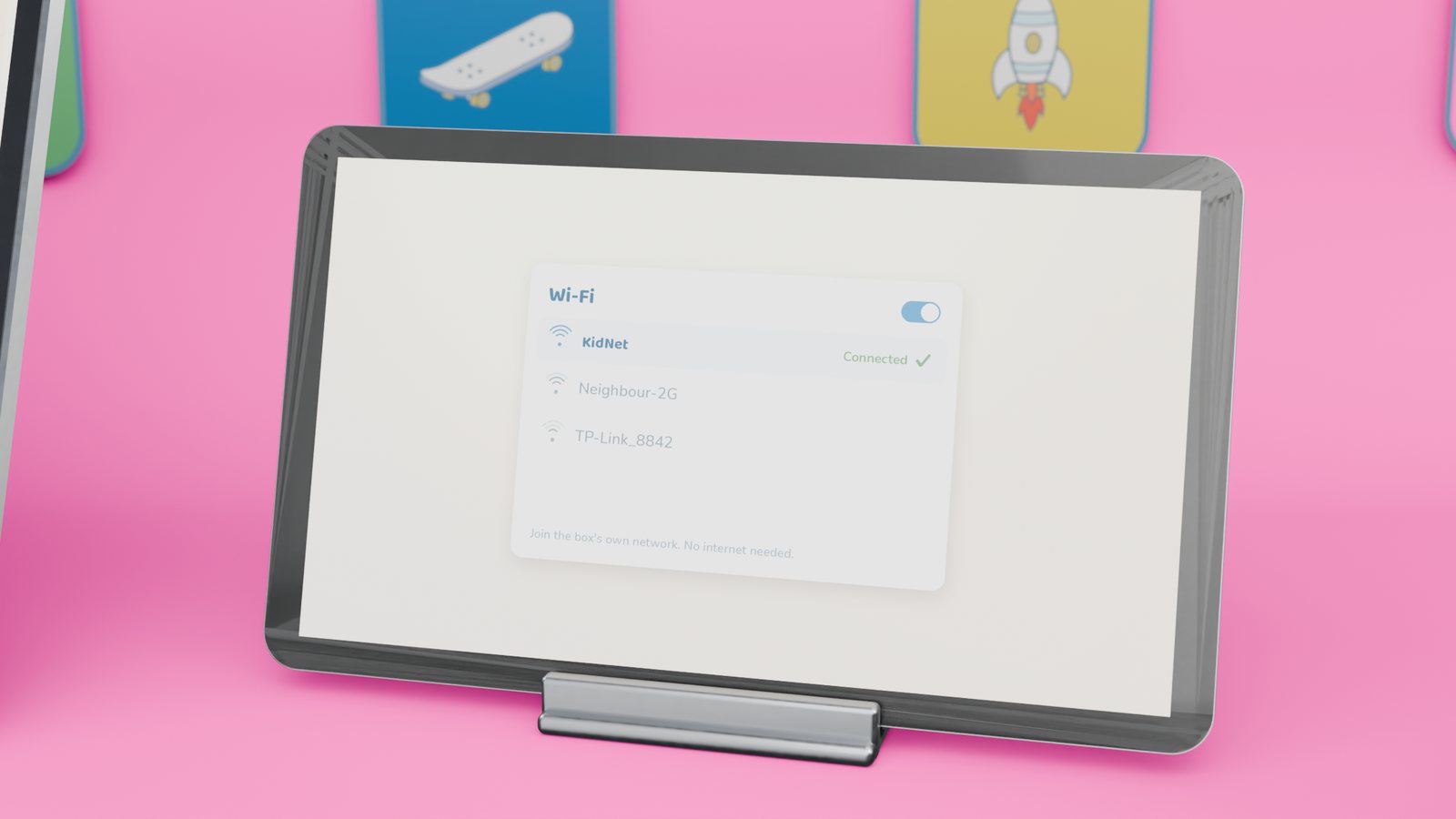 A tablet showing its Wi-Fi list with KidNet picked and connected.