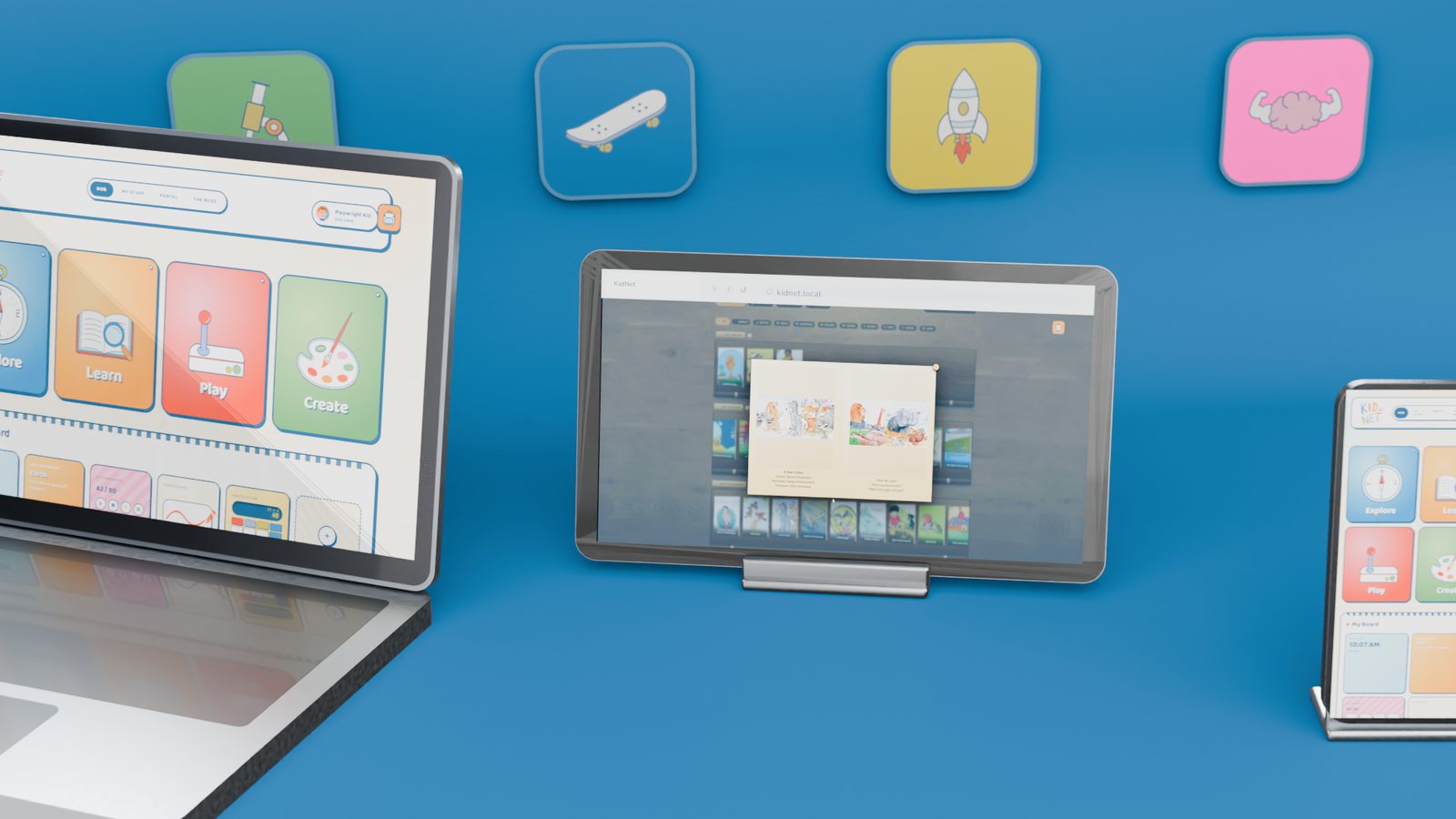 A picture book open on the tablet screen, with more of the library behind it.