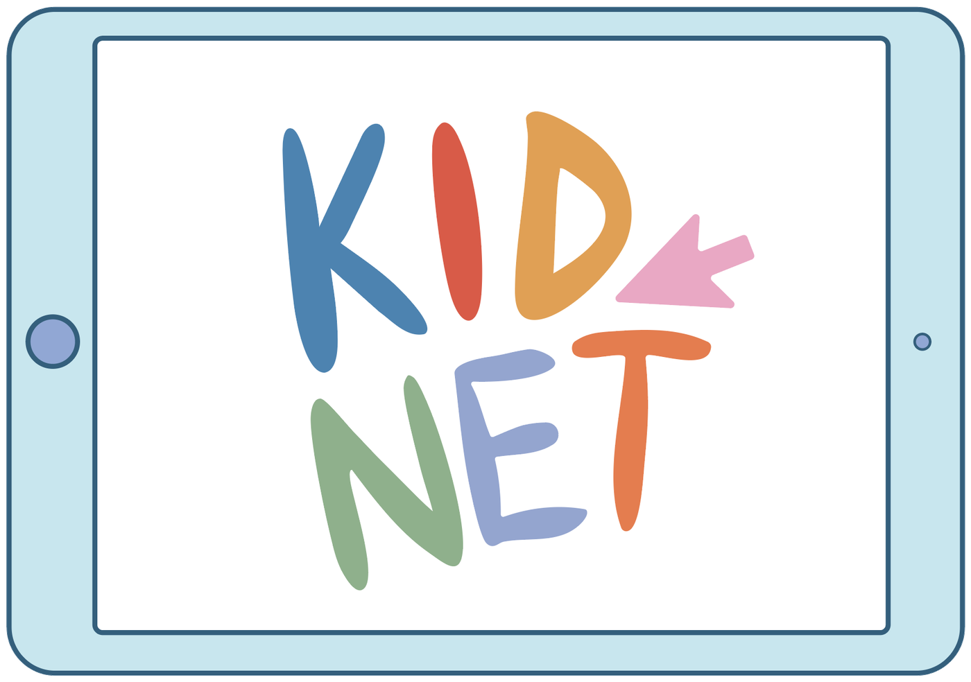 A tablet showing the colorful KidNet logo